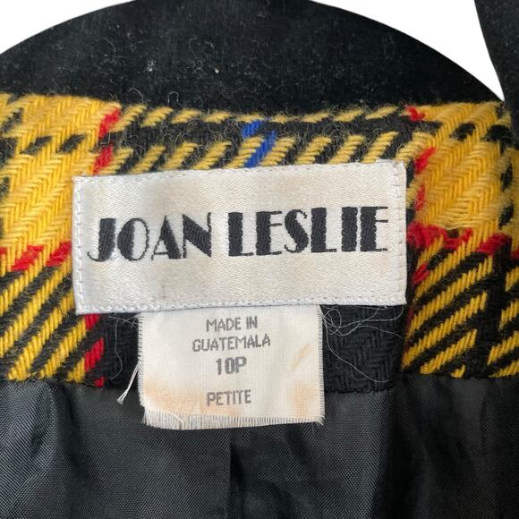 Vintage 90s Joan Leslie Yellow Black Tartan Wool Twill Velvet Blazer Size Medium - Picture 5 of 16
